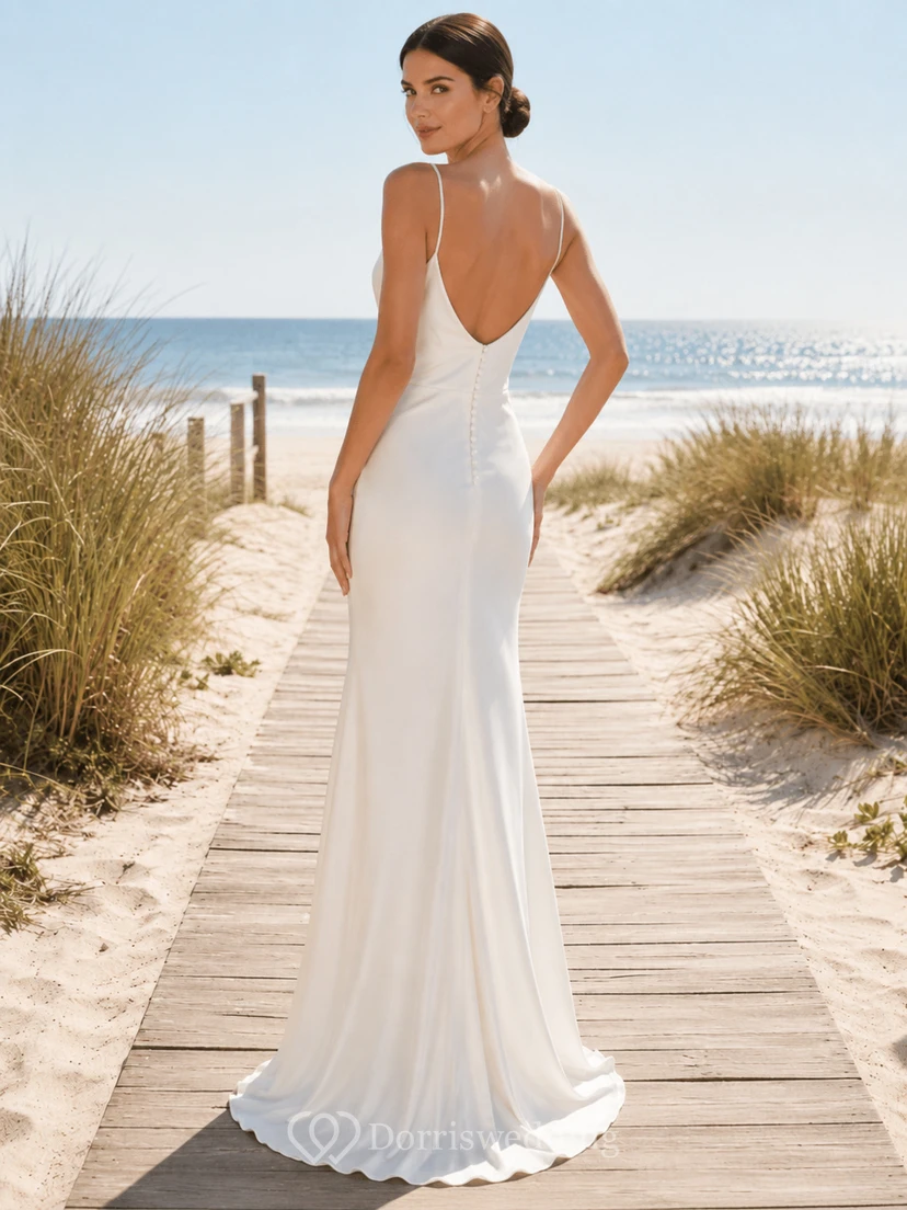 Minimalist Cowl Neck Spaghetti Strap Satin Sheath Backless Beach Wedding Dress view 2