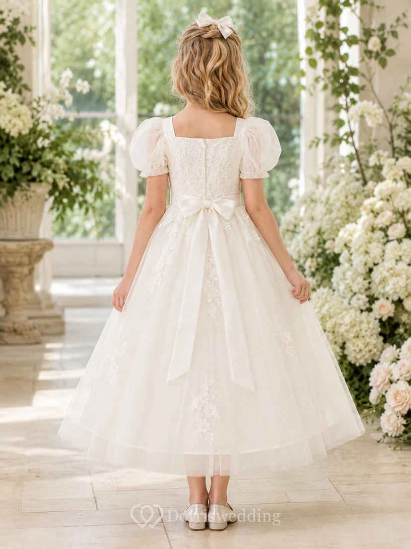 Vestido de niña de las flores para boda con lazo, cuello cuadrado, mangas abullonadas, tul y encaje floral, corte en A, largo hasta la rodilla. view 2