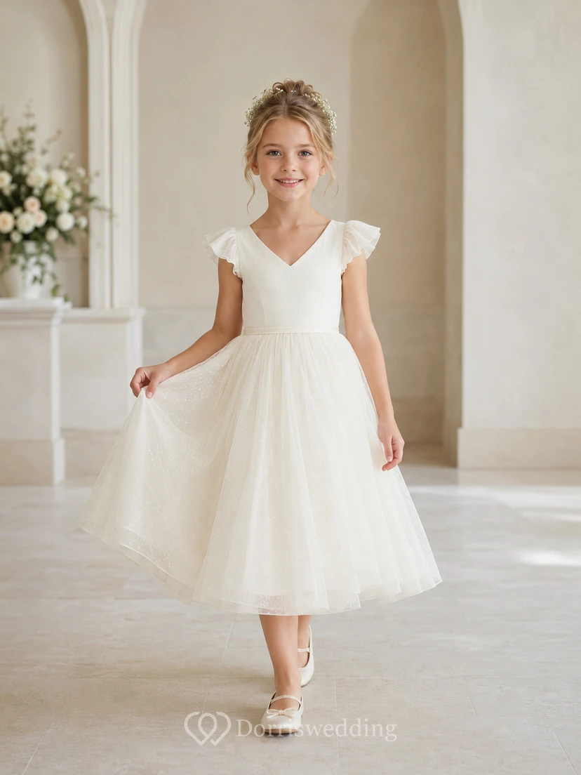 Robe de demoiselle d'honneur blanche en tulle et satin, coupe trapèze, manches courtes, décolleté en V et jupe mi-longue ornée d'un nœud.
