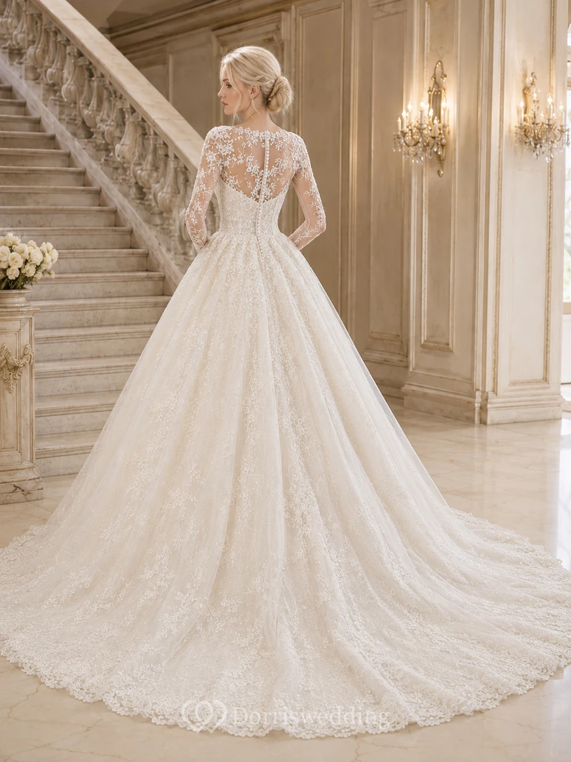 Robe de bal en dentelle épurée, col montant, manches longues, traîne cathédrale, applications florales, idéale pour une cérémonie de bal ou une réception de mariage. view 2