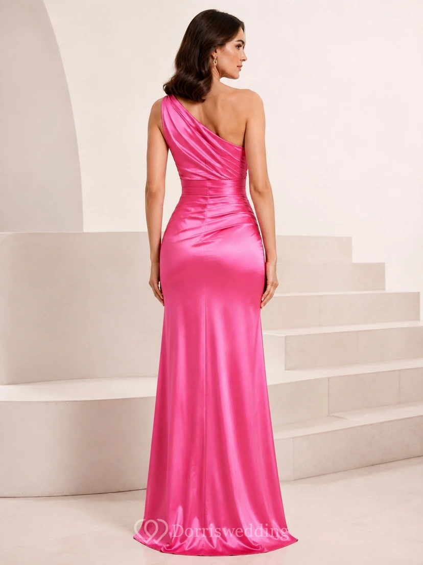 Fuchsia One-Shoulder Satin Mermaid Split Front Evening Formal Dress view 2