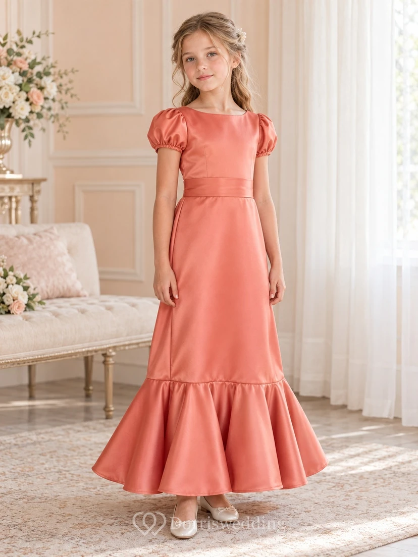 Coral Jewel Neck Puff Sleeve Fluted Hem Satin Flower Girl Dress