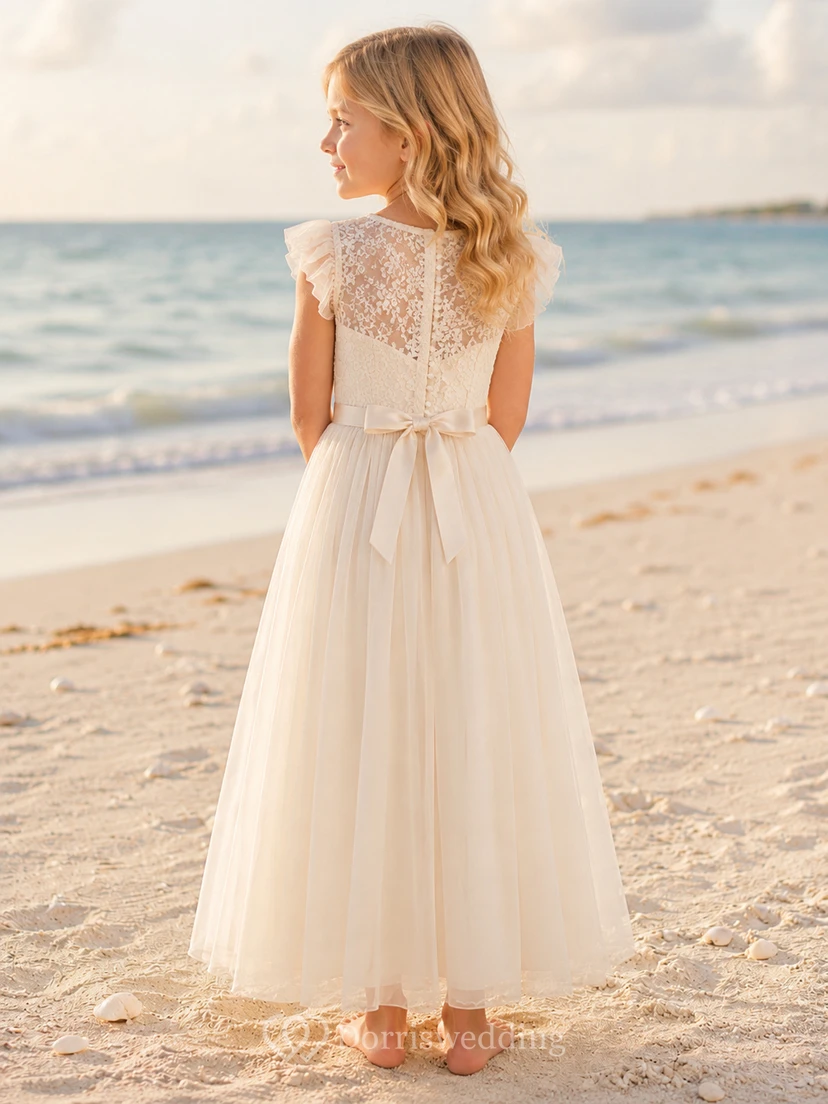 Tüllkleid für Blumenmädchen in A-Linie mit kurzen Spitzenärmeln, Rundhalsausschnitt und bodenlangem Rock view 2