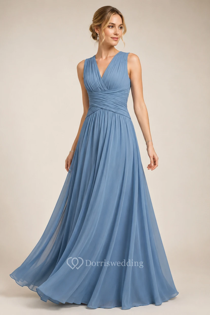 Sleeveless Chiffon V-Neck Dress With Crisscross Ruching view 41