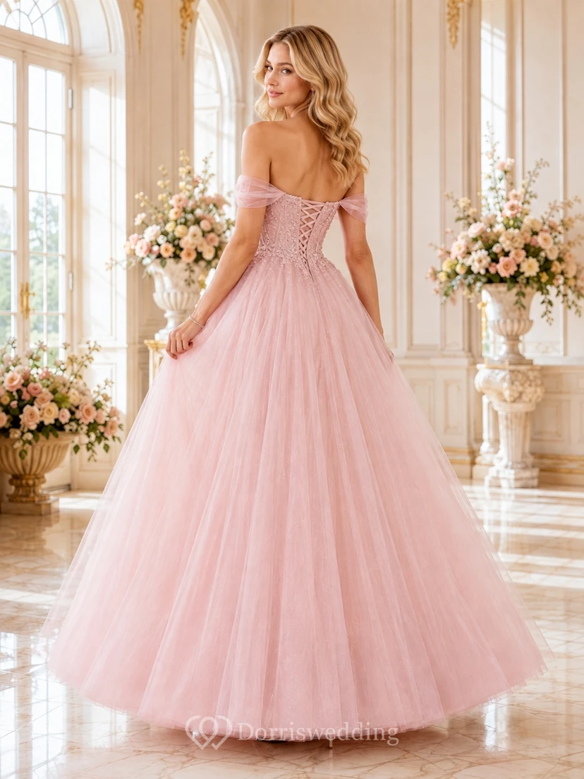 Blushing Pink Tulle Sweetheart Off-the-shoulder Ball Gown Petal Sleeve Appliqued Princess Dress view 2
