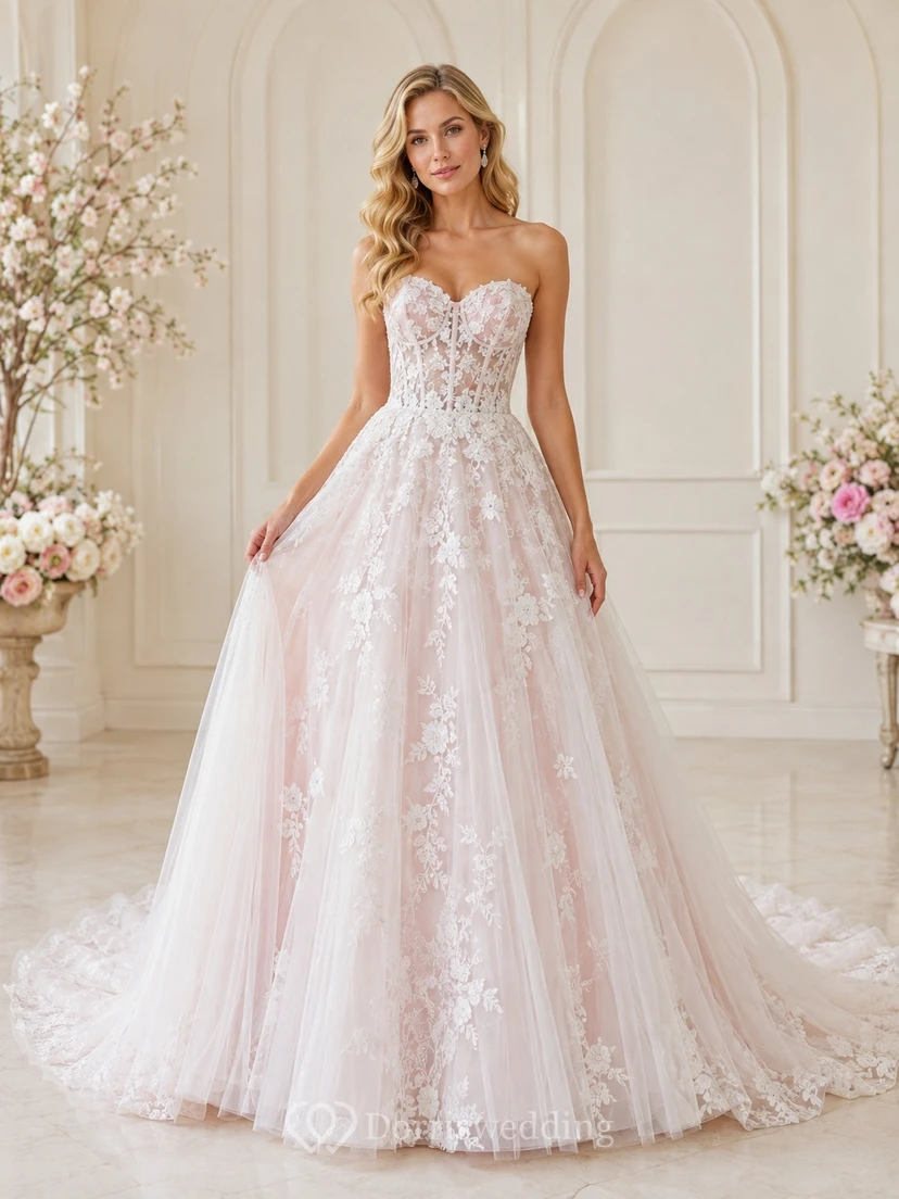 Romantisches Brautkleid in zartem Rosa: trägerloses A-Linien-Kleid mit herzförmigem Ausschnitt, Kapellenschleppe und Spitze