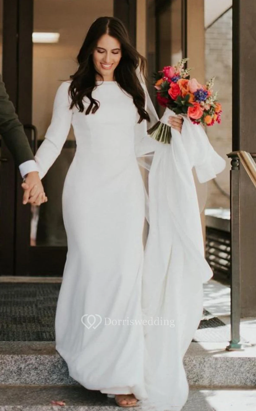 Robe de mariée longue et sobre à manches longues grande taille | Robe de mariée blanche musulmane simple et maxi video preview