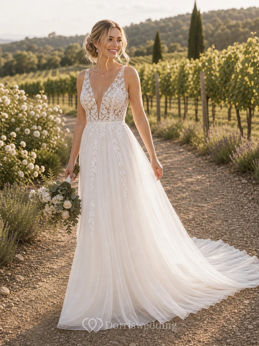 Sexy Boho-Brautkleid im Landhausstil mit V-Ausschnitt, ärmellos, A-Linie, Empire-Schnitt und Illusion-Schnitt aus Tüll – weiß view 5