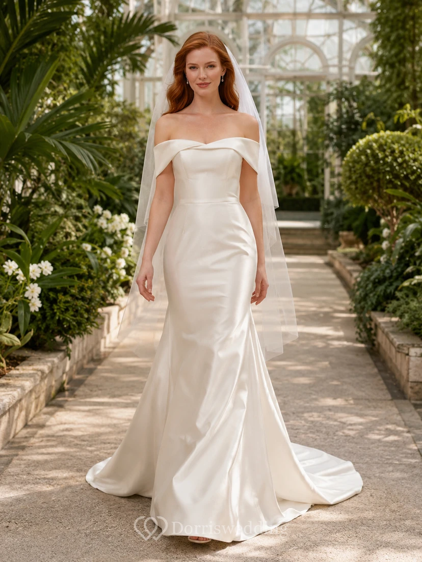 Vestido de novia minimalista de satén estilo sirena con hombros descubiertos para jardín