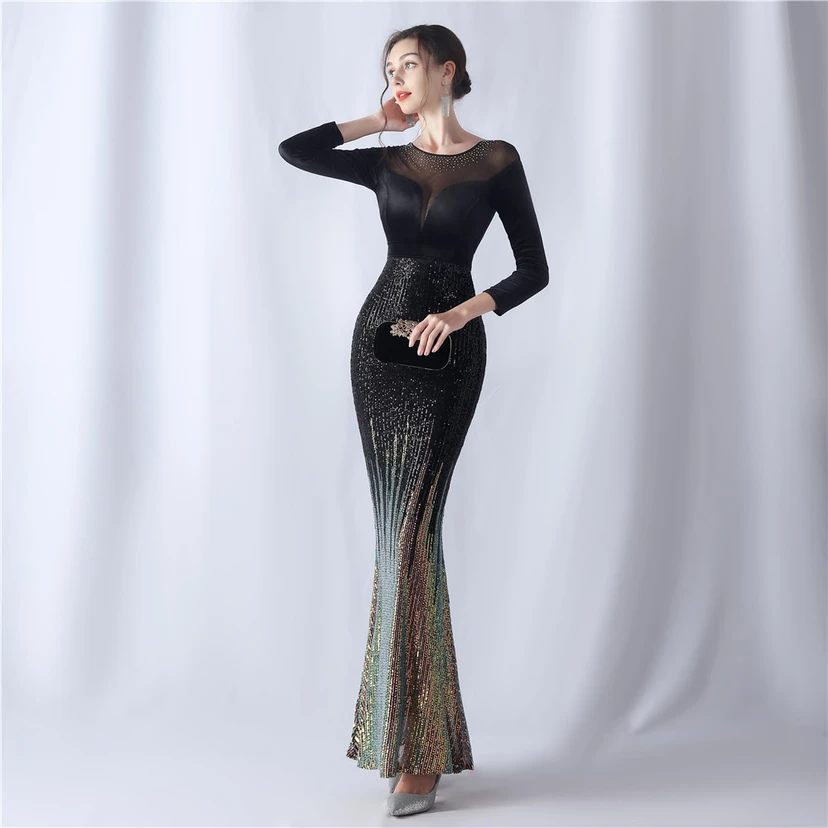 Long-Sleeved Fishtail Evening Dress High-End Atmosphere Elegant Banquet Temperament Velvet Aura Queen view 30