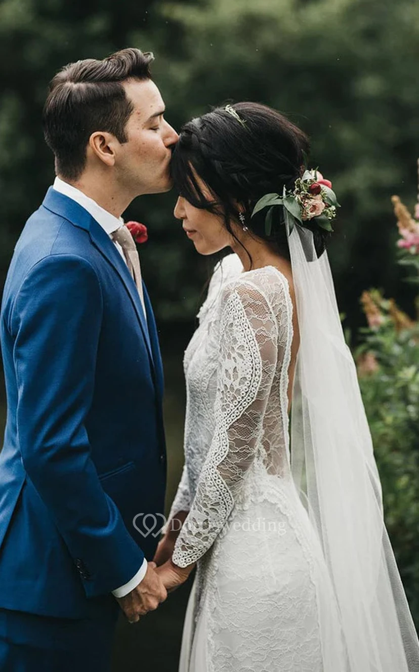 Boho-Hochzeitskleid mit U-Boot-Ausschnitt, langen Ärmeln und tiefem V-Ausschnitt, Spitze view 5
