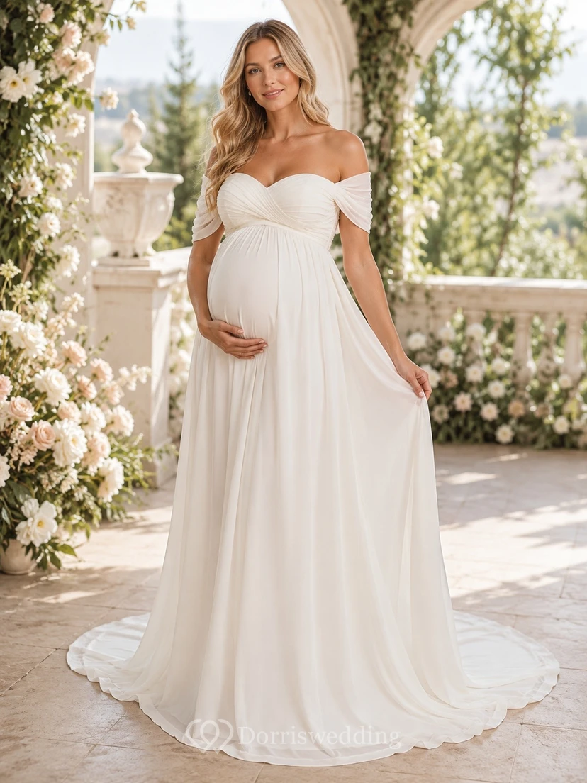 Vestido de novia sencillo de maternidad con hombros descubiertos y corte imperio hasta el suelo
