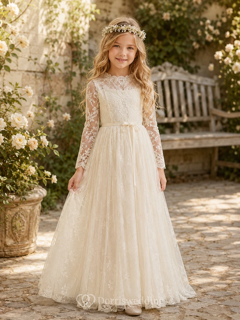 Flower Girl Dress Ivory Lace Tulle A-Line Long Sleeve Scoop Neck Tea Length