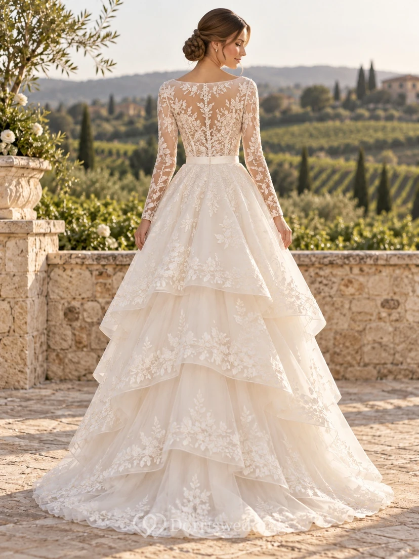 Two Piece High-low Long Sleeve Embroidered Tulle Wedding Dress view 2