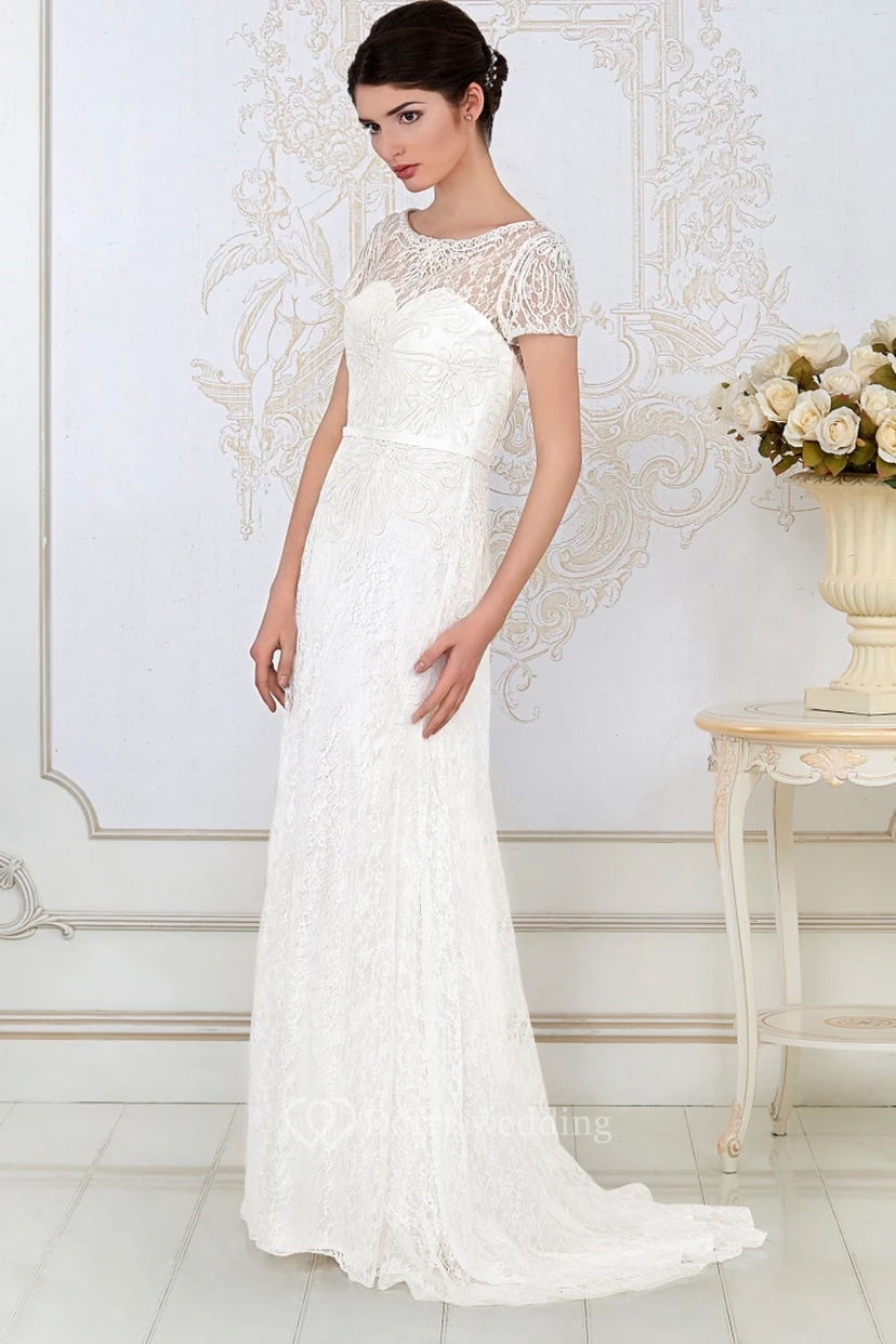 Floor-Length Bateau Neck Cap Sleeve Lace Evening Dress With Brush Train view 3