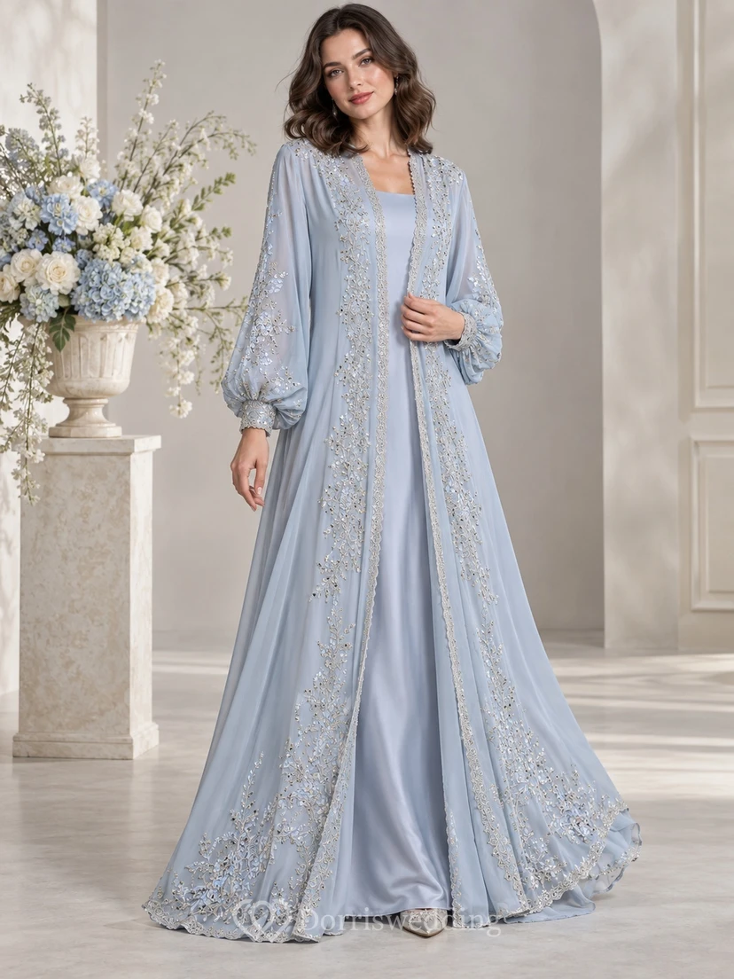 Modest Long Sleeve Blue Floral Lace Trim Flowing Engagement Abaya Dress