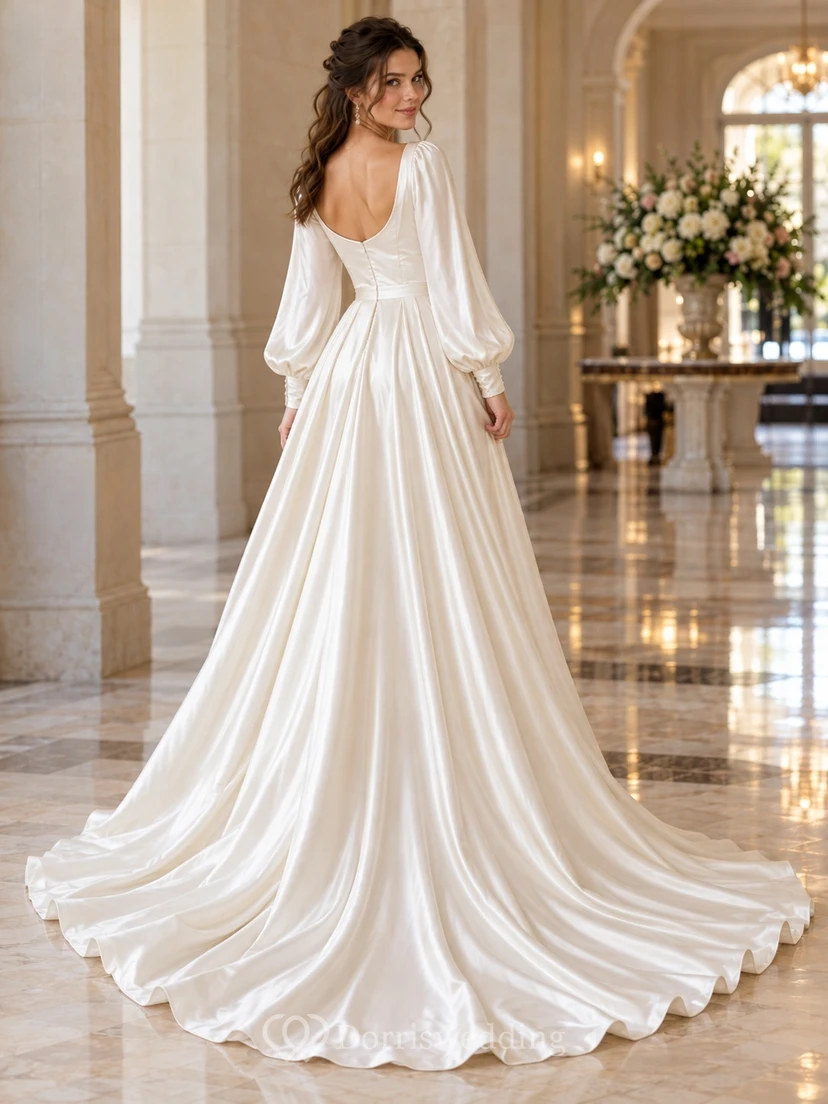 Long Poet Sleeve Cowl Neck Satin A-Line Bridal Wedding Dress view 2