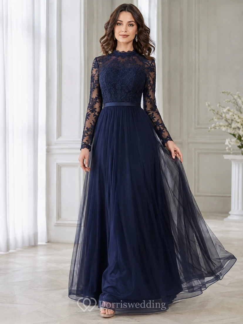 Ink Navy Lace Long Sleeve A-Line High Neck Floor Length Modest Formal Gown