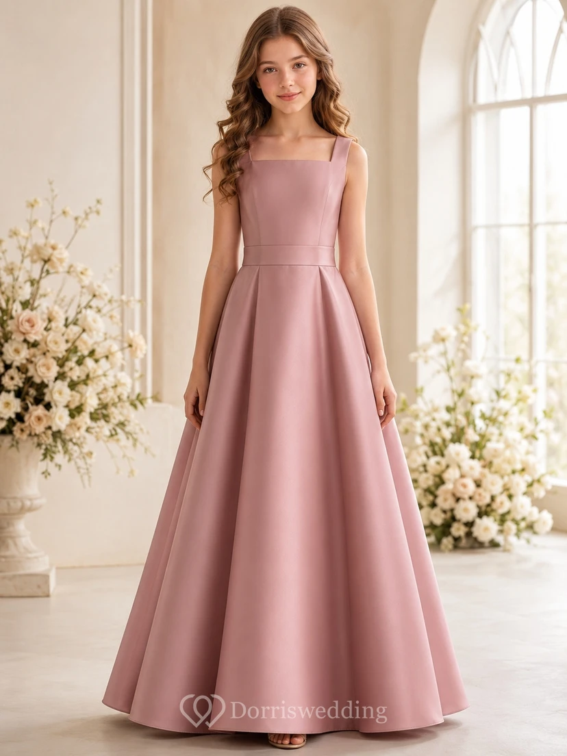 Vestido de dama de honor juvenil color rosa empolvado, corte en A, sin mangas, estilo cuadrado, de lujo.
