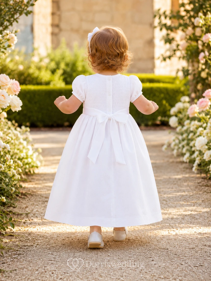 Simple Baby Baptism Christening Ceremony Dress A-Line Tea-Length Jewel Neck Short Sleeve Tulle Bow Back Button Back view 2