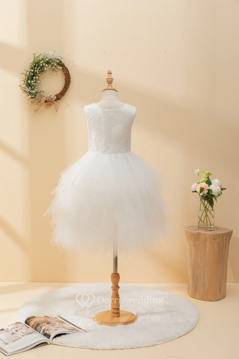 Short Ruffled Sleeveless Layered Plunged Tulle Flowergirl Dress view 2