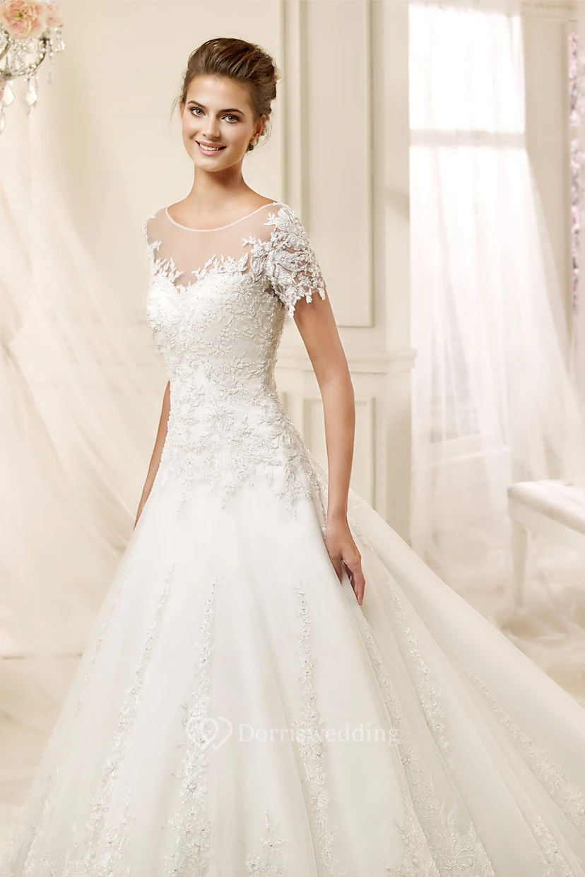 Jewel-neck A-line Wedding Dress with illusive Design and Brush Train view 3