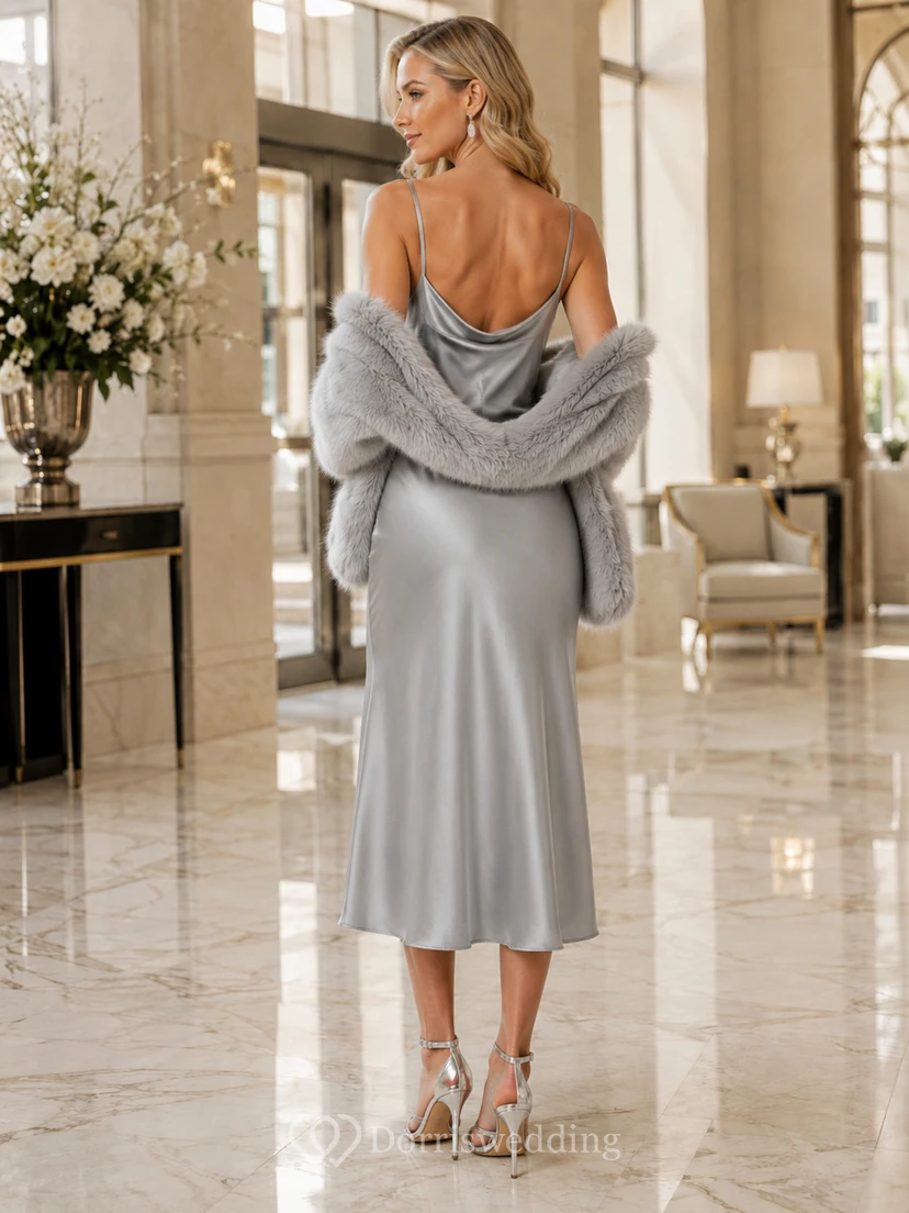 Silver Cowl Neck Faux Fur Satin Sheath Midi Guest Dress view 2