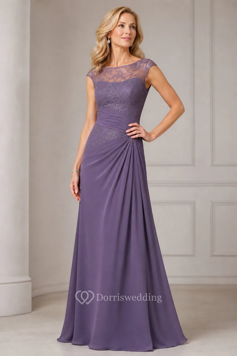 Chiffon-Etui-Kleid mit Rundhalsausschnitt und seitlicher Drapierung, das die Mutter der Braut ziert view 7