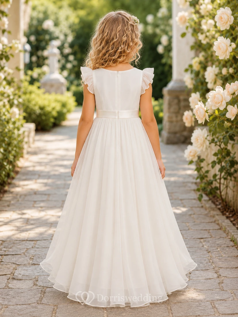 Blumenmädchenkleid aus elfenbeinfarbenem Chiffon, A-Linie, V-Ausschnitt, Teelänge, plissiert view 2