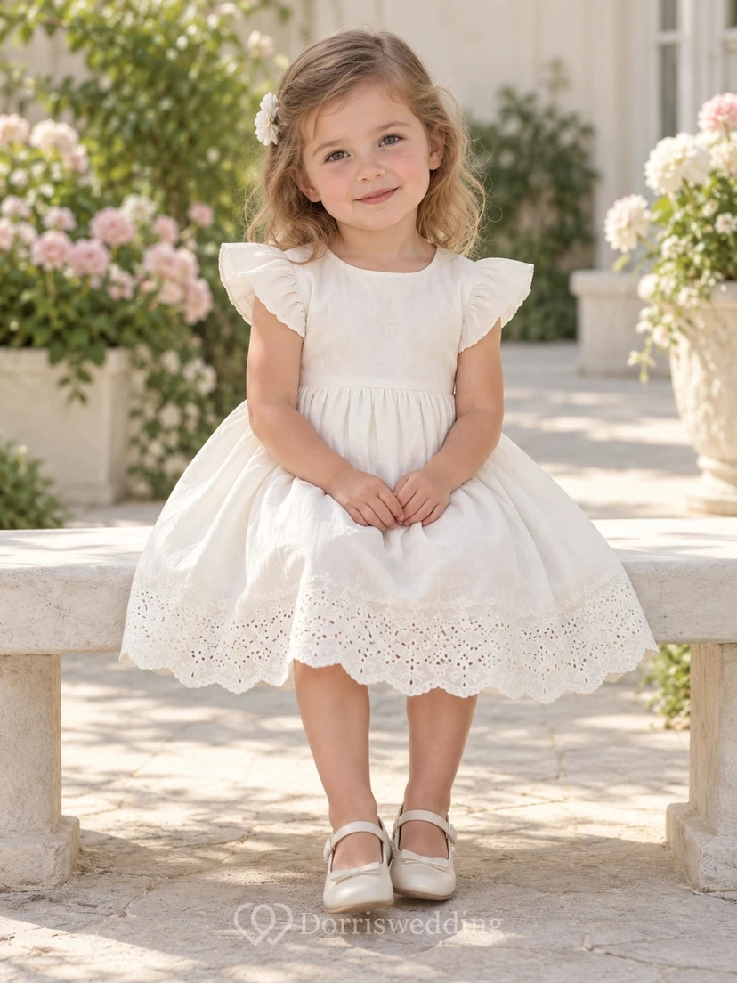 Modest Ivory Knee Length Plain Flutter Sleeve Wide Eyelet Border Flower Girl Dress
