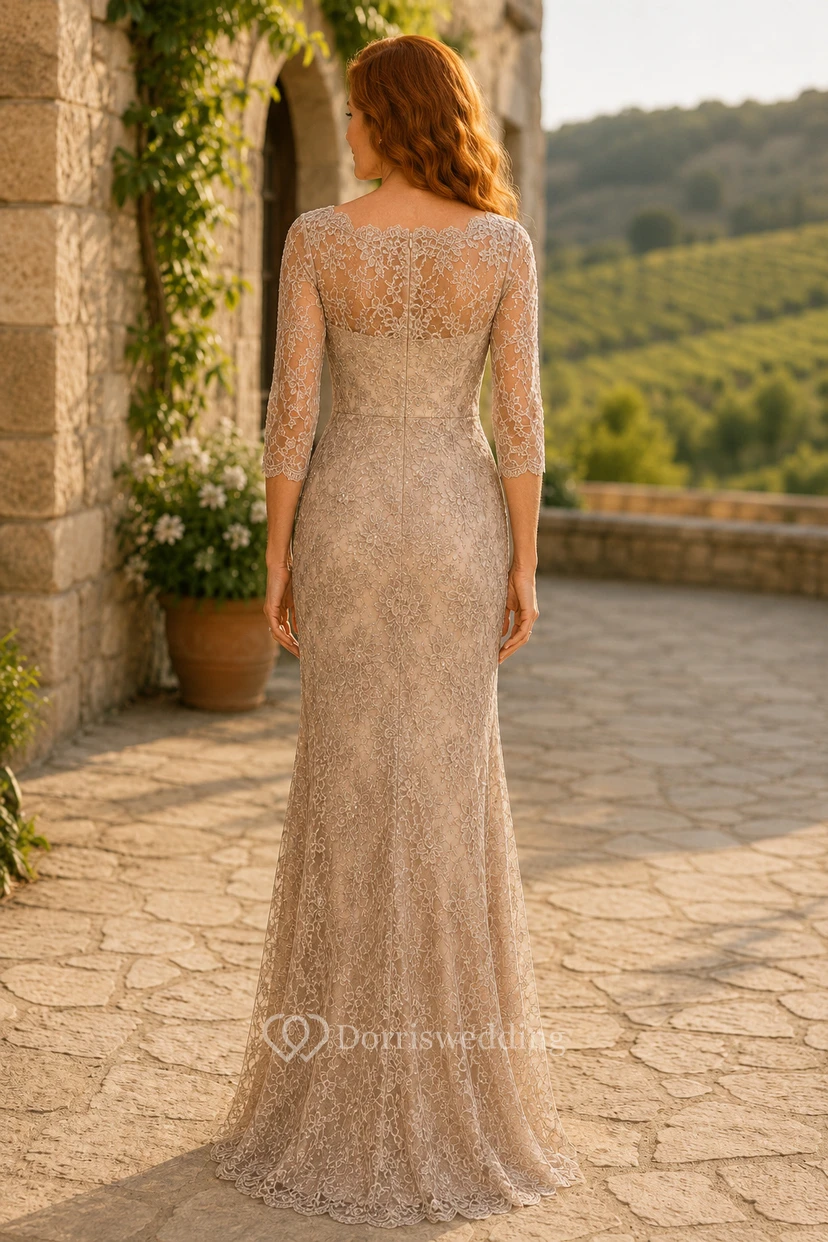 Champagne Long Sleeve Lace Sheath Mother Dress view 2