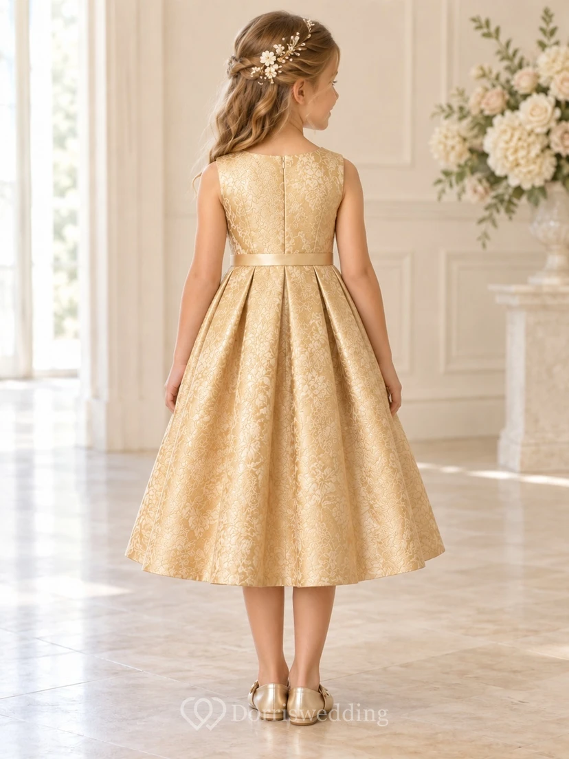 Tea-length Gold Jewel Sleeveless Leaf-patterned Ribbon-waist Box-pleated Zipper-back Brocade Flower Girl Dress view 2