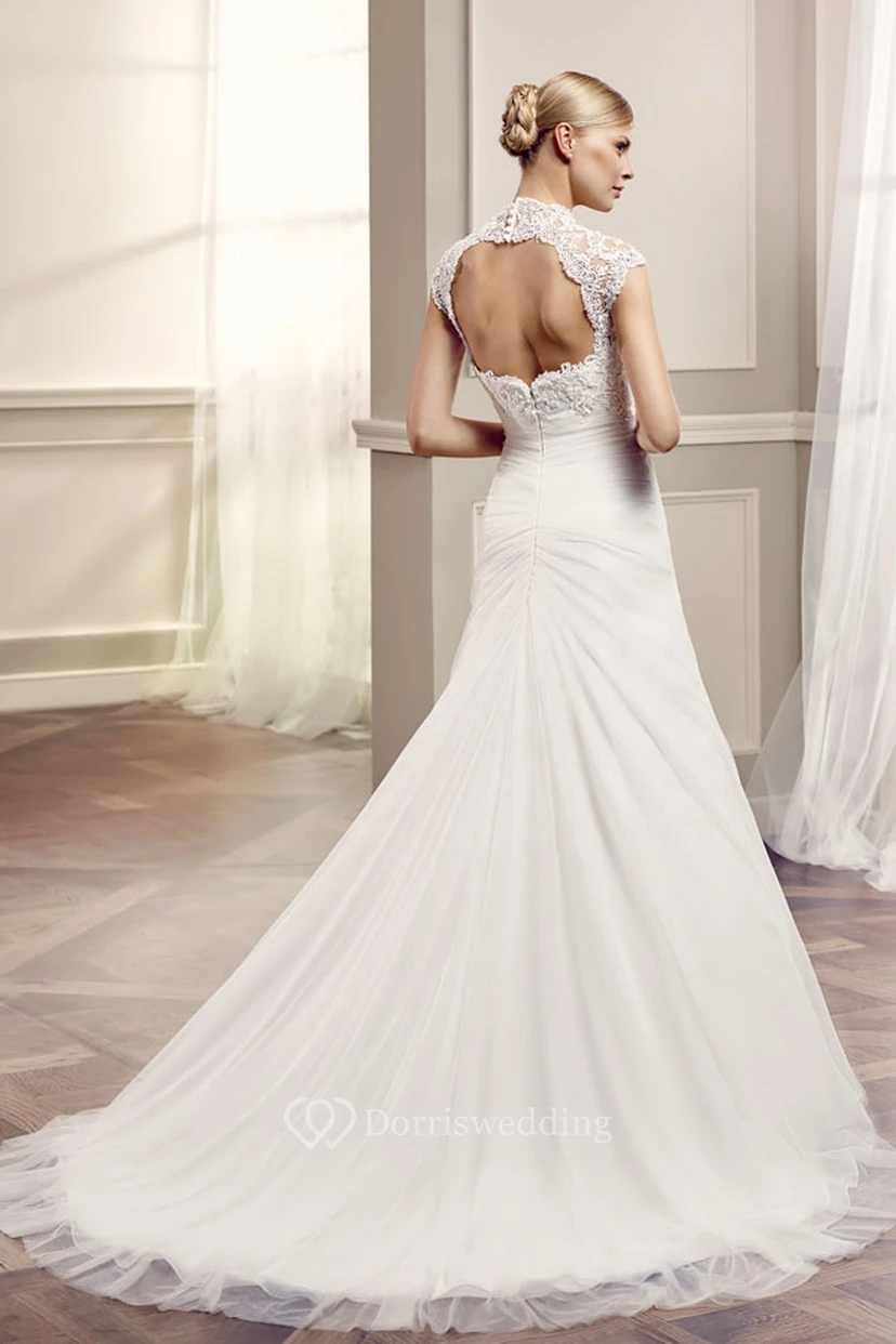 A-Line Side-Draped Long Cap-Sleeve Lace Wedding Dress With Keyhole Back And Appliques view 2
