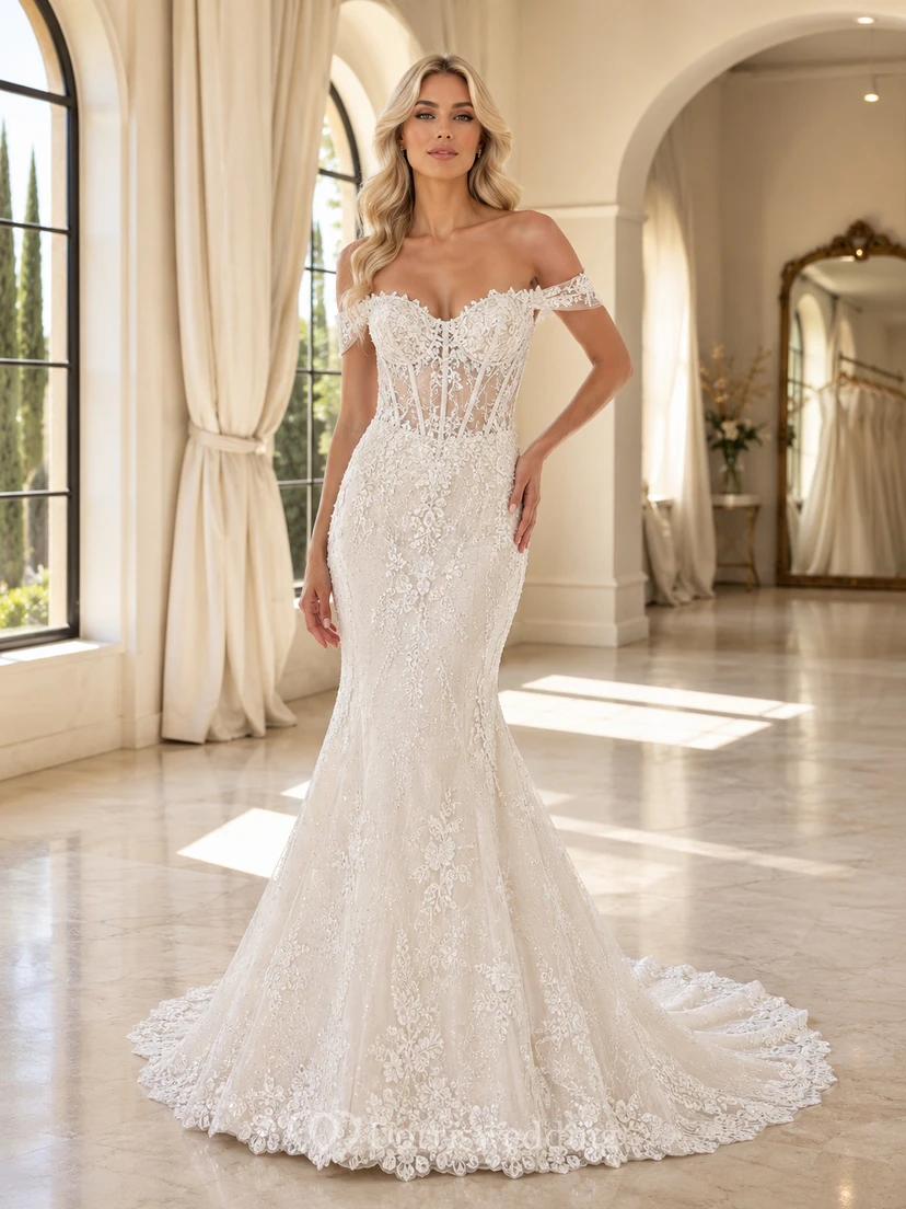 Robe de mariée sirène en dentelle fine, épaules dénudées, manches courtes, traîne chapelle, ornée d'appliqués floraux, style jardin.