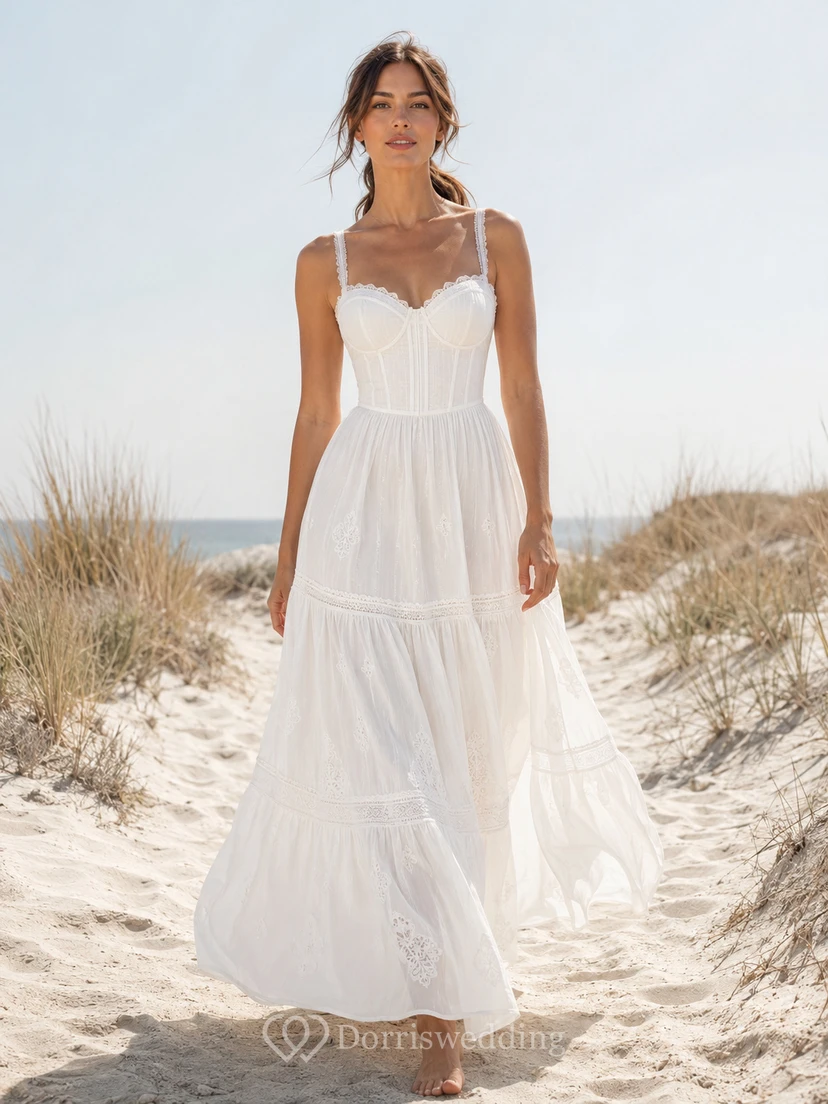 Simple Spaghetti Cotton Beach Wedding A Line Floor Length Sweetheart Corset Dress