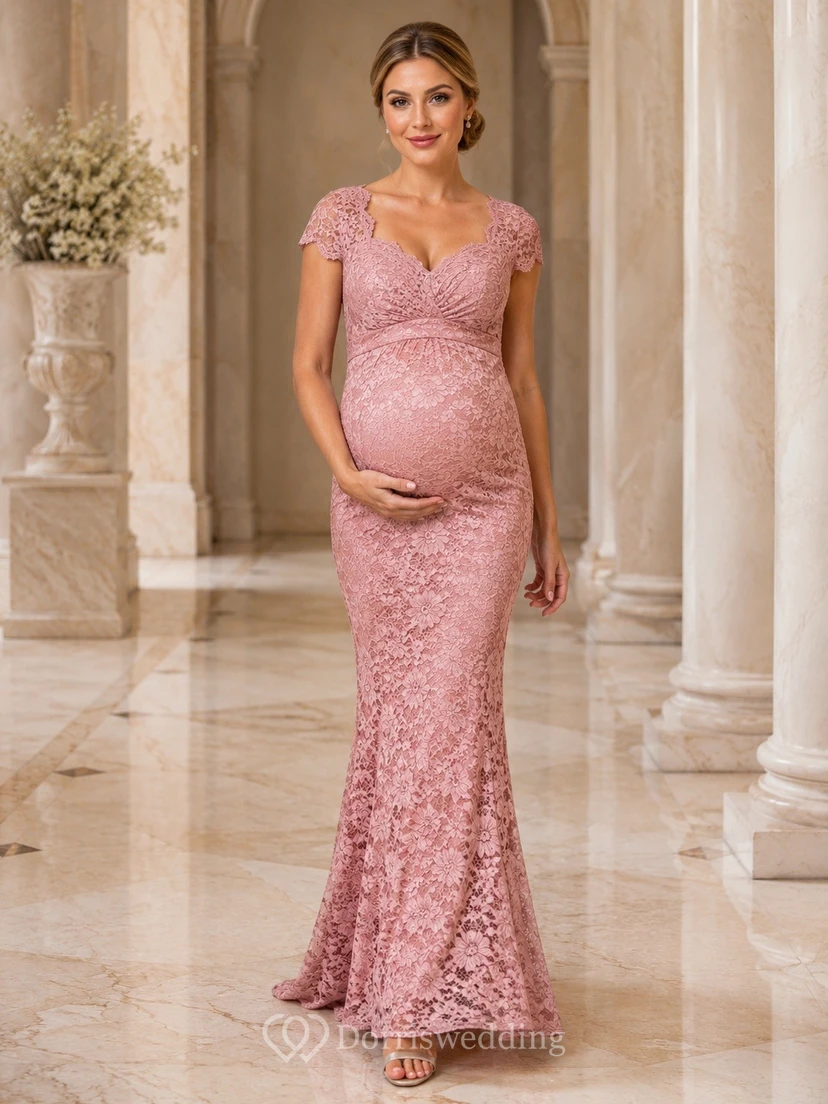 Maternity Short Sleeve Lace Mermaid Romantic Formal Evening Dress