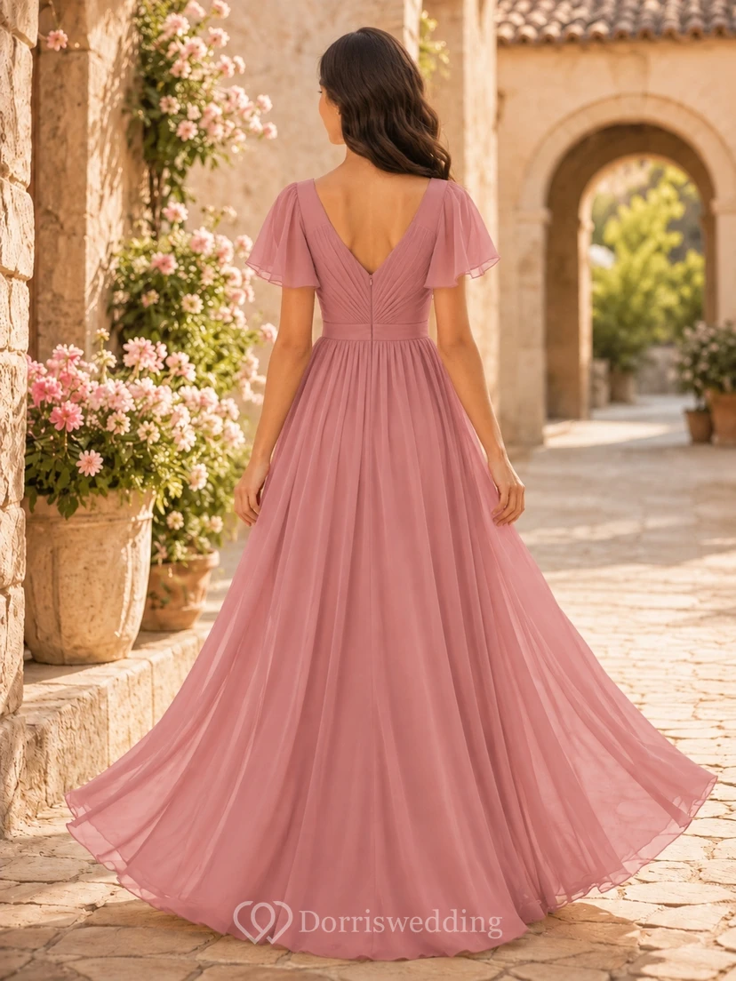 Vintage-Brautjungfernkleid in Mauve, A-Linie, herzförmiger Schnitt, kurze Blütenblattärmel, Chiffon, elegant view 2