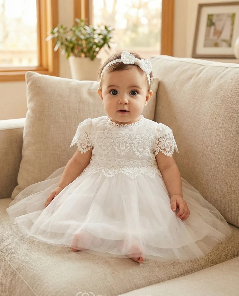 Christening White Baby Flower Girl Dress Lace Bodice Tulle Party Gown
