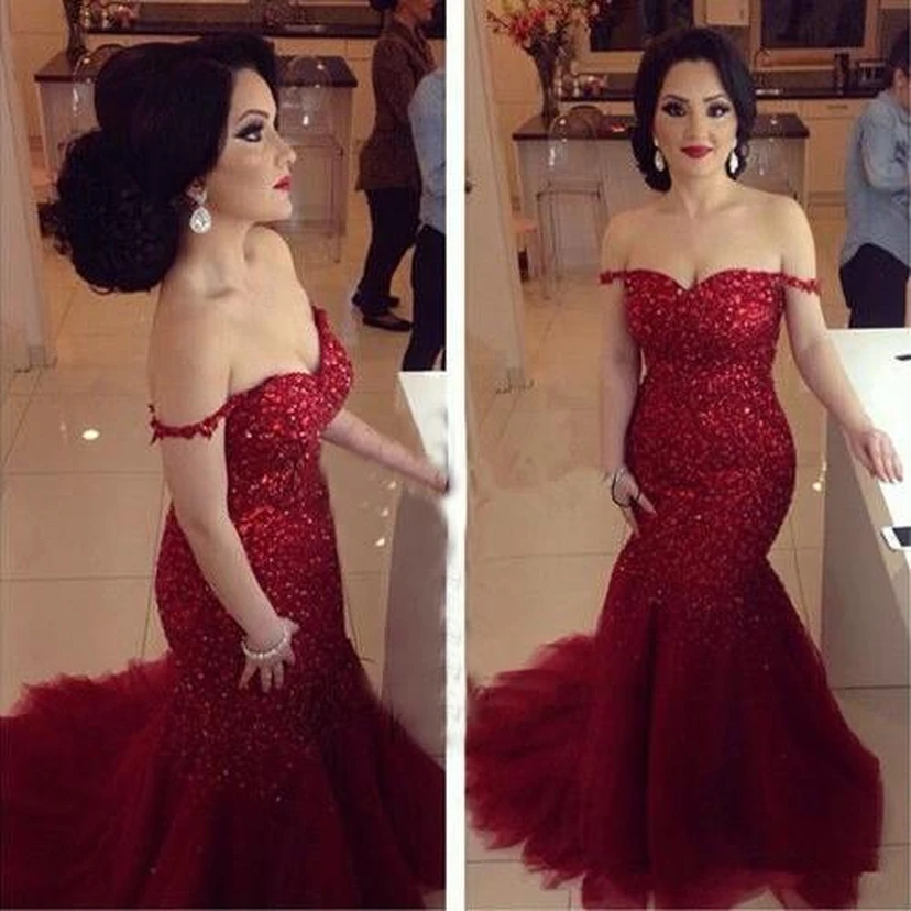 Glamorous Red Sequins Prom Dresses Off-the-shoulder Mermaid Tulle view 2