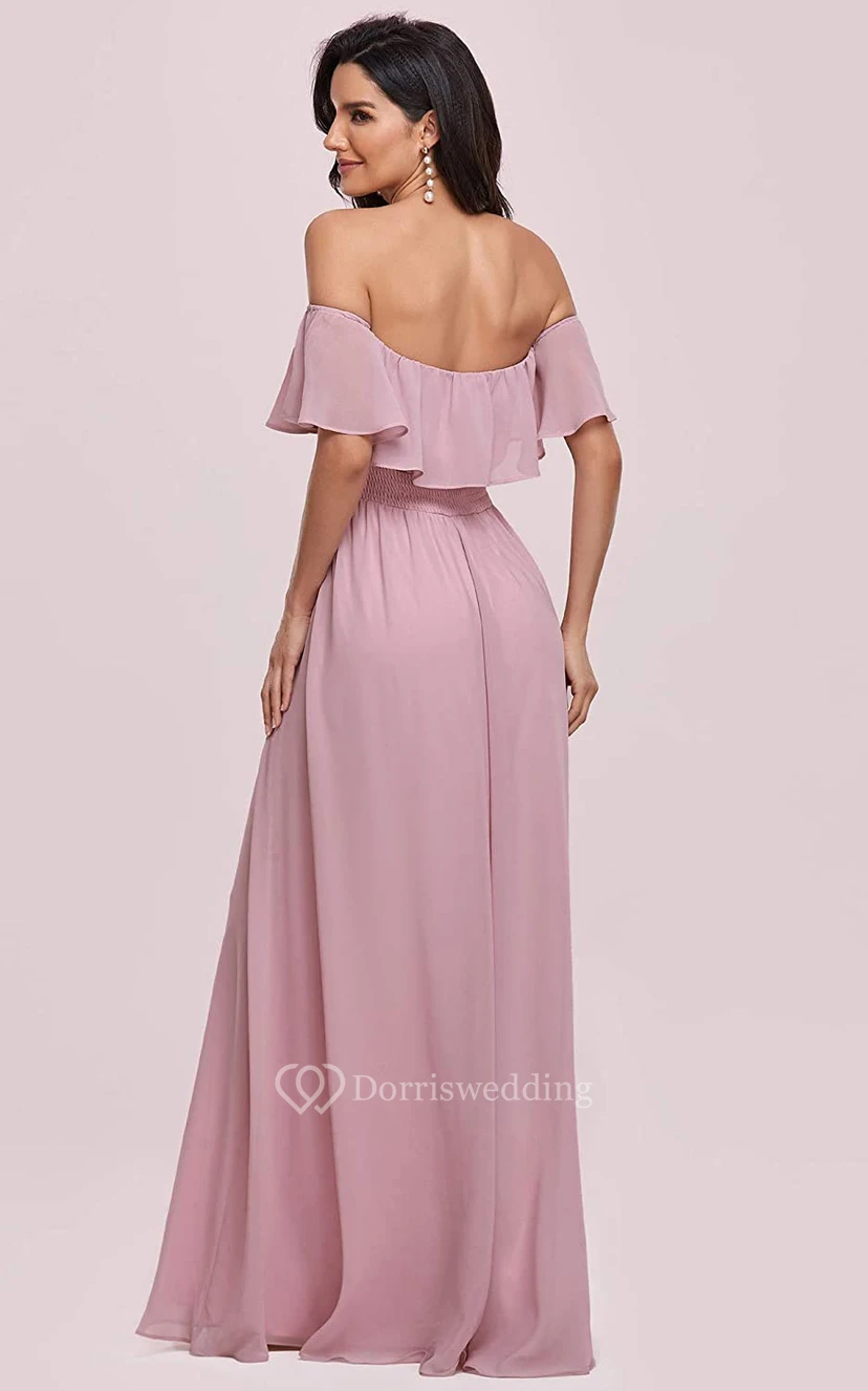 Robe d'invitée décontractée en mousseline, épaules dénudées, coupe trapèze, volants et fente sur le devant view 2
