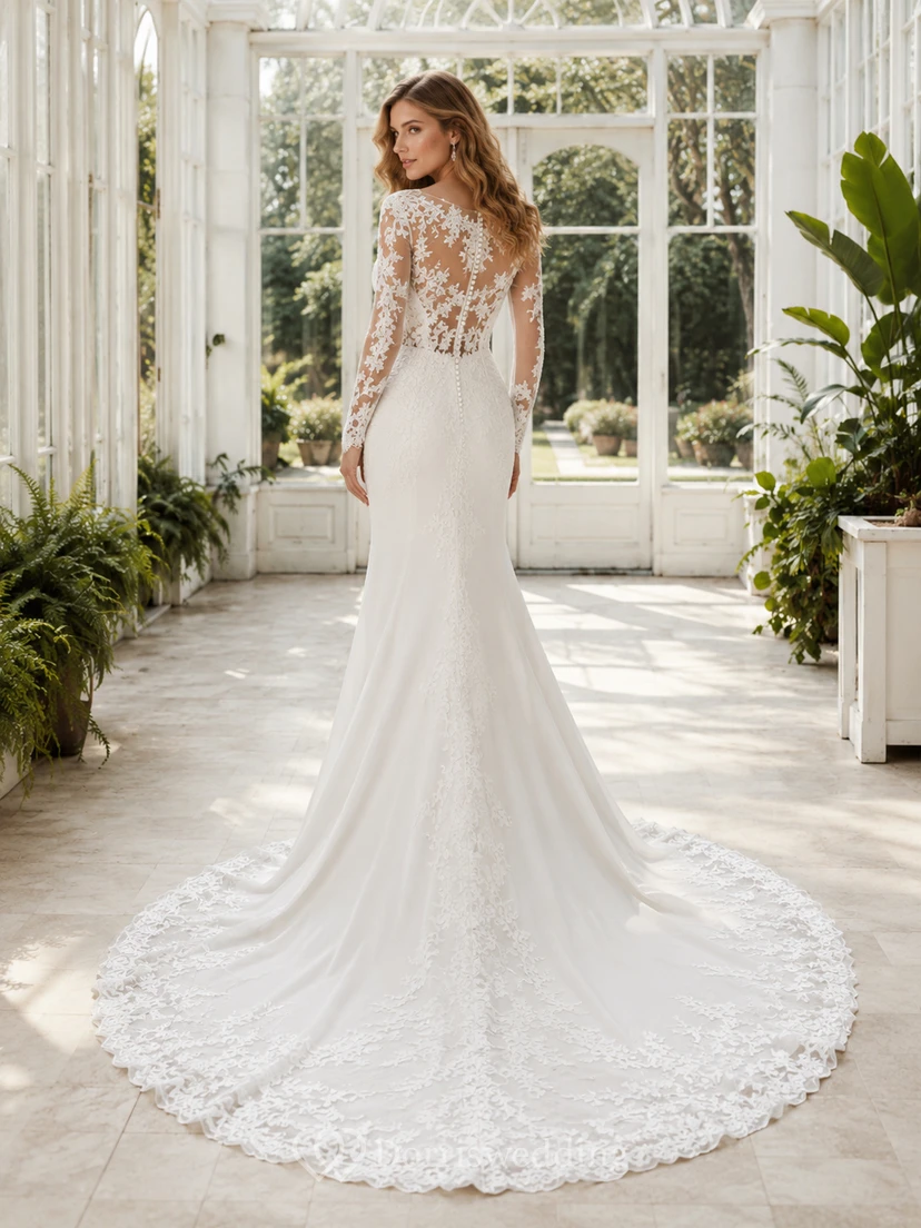 Robe de mariée sirène élégante en satin et dentelle, col bateau et manches longues transparentes, longueur au sol view 2