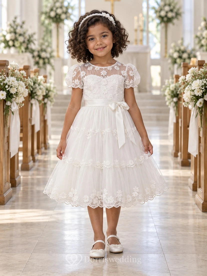 Vestido de niña de flores blanco de corte A con estampado floral, mangas abullonadas y volantes festoneados, largo hasta la rodilla.