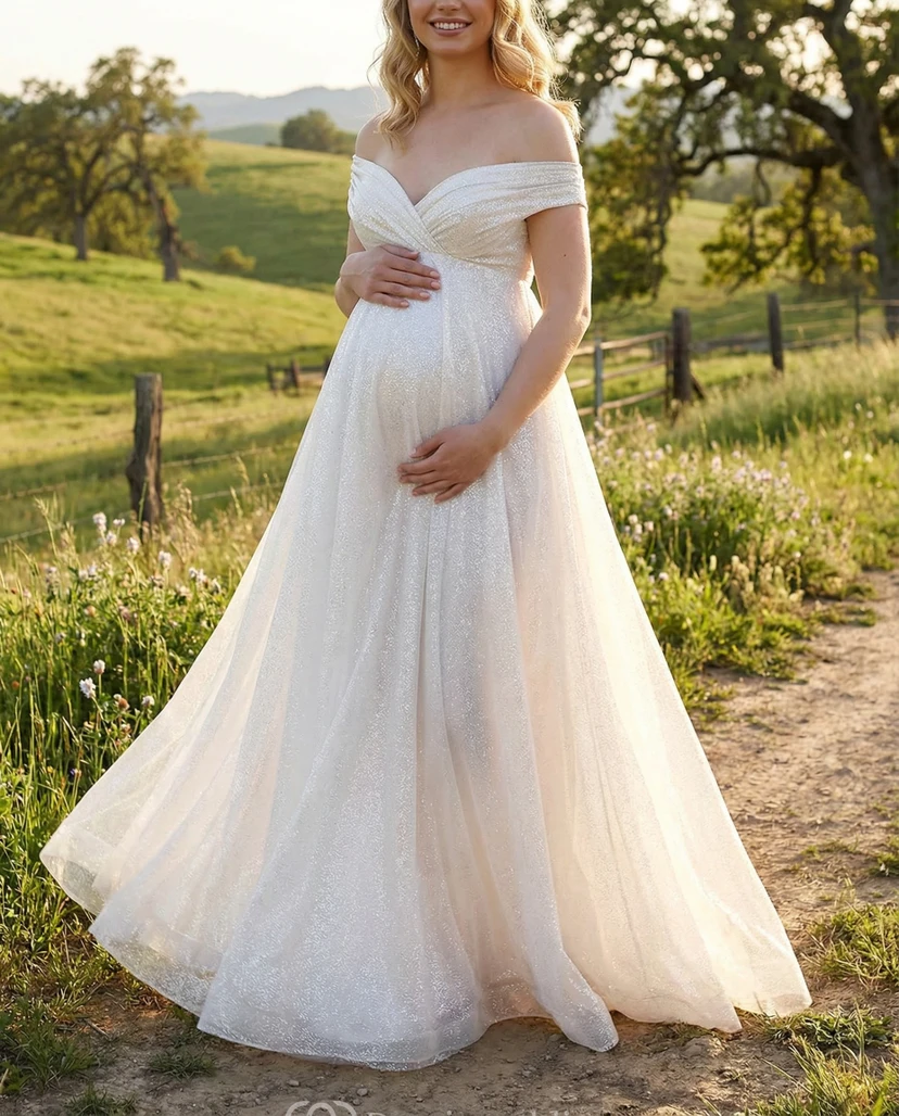 Off Shoulder Glitter Tulle Maternity Wedding Dress with A-Line Skirt