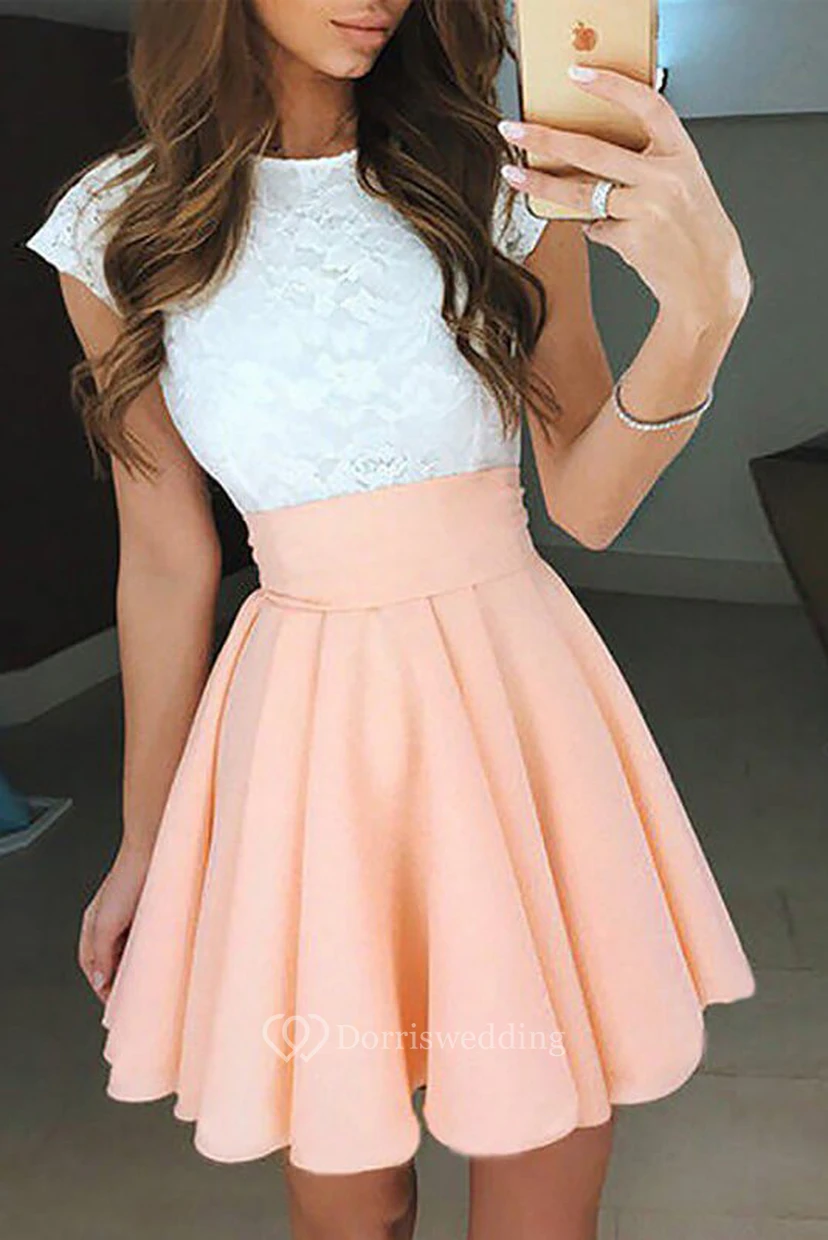 Vestido corto de fiesta de graduación con escote barco, manga corta, gasa y encaje, corte A