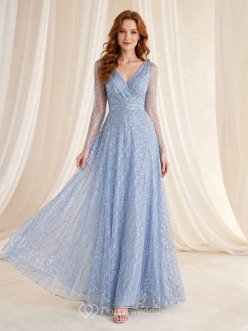 Steel Blue Sequin V-neck Long Sleeve A-Line Floor-length Formal Evening Dress