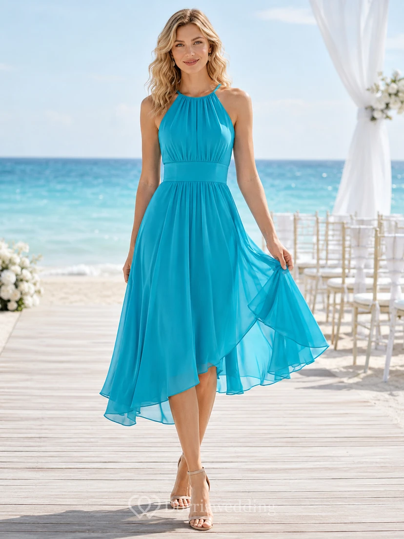 Turquoise High Halter Chiffon High Low Midi Guest Dress
