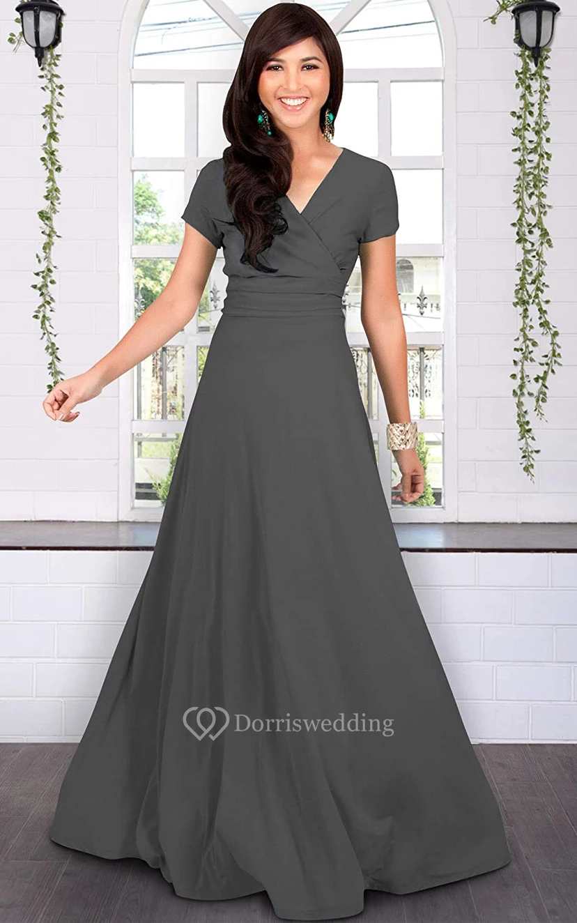Modern Jersey V-neck Short Sleeve Mother Dress With Criss Cross and Pleats view 23