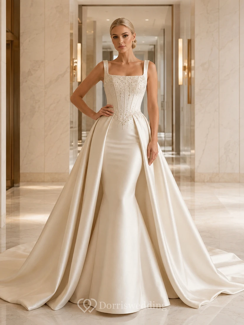 Robe de mariée moderne en satin, coupe trapèze, col carré, nœud papillon, surjupe amovible et traîne chapelle