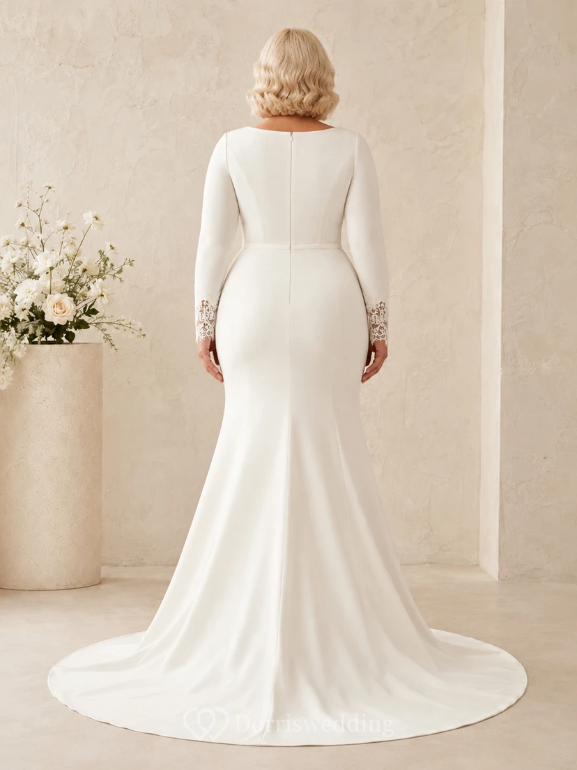 Modest Curvy Satin Wedding Sheath Bateau Long Sleeves Lace Cuffs Train view 2