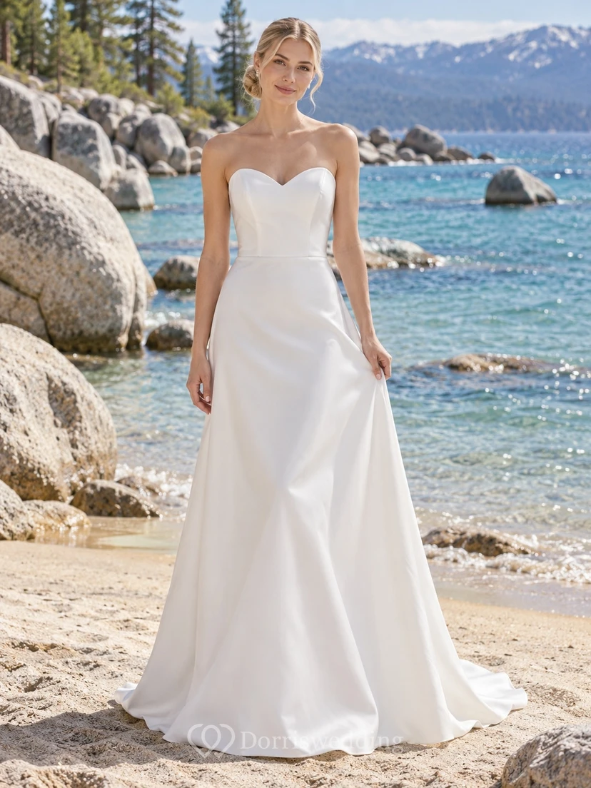 Vestido de novia sencillo, sin tirantes, sin mangas, de satén liso, corte en A y largo hasta el suelo